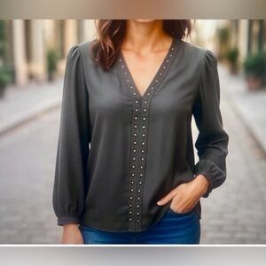 Maurices Grey V-Neck Blouse with Bronze Stud Accents